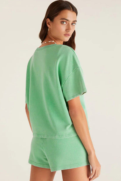Mint Green Plus Size V Neck Tee Patched Pocket Drawstring Shorts Set