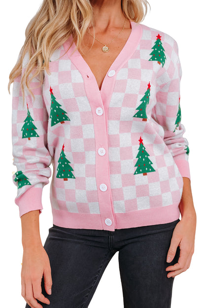 Pink Checkered Christmas Tree Pattern Button V Neck Cardigan Sweater