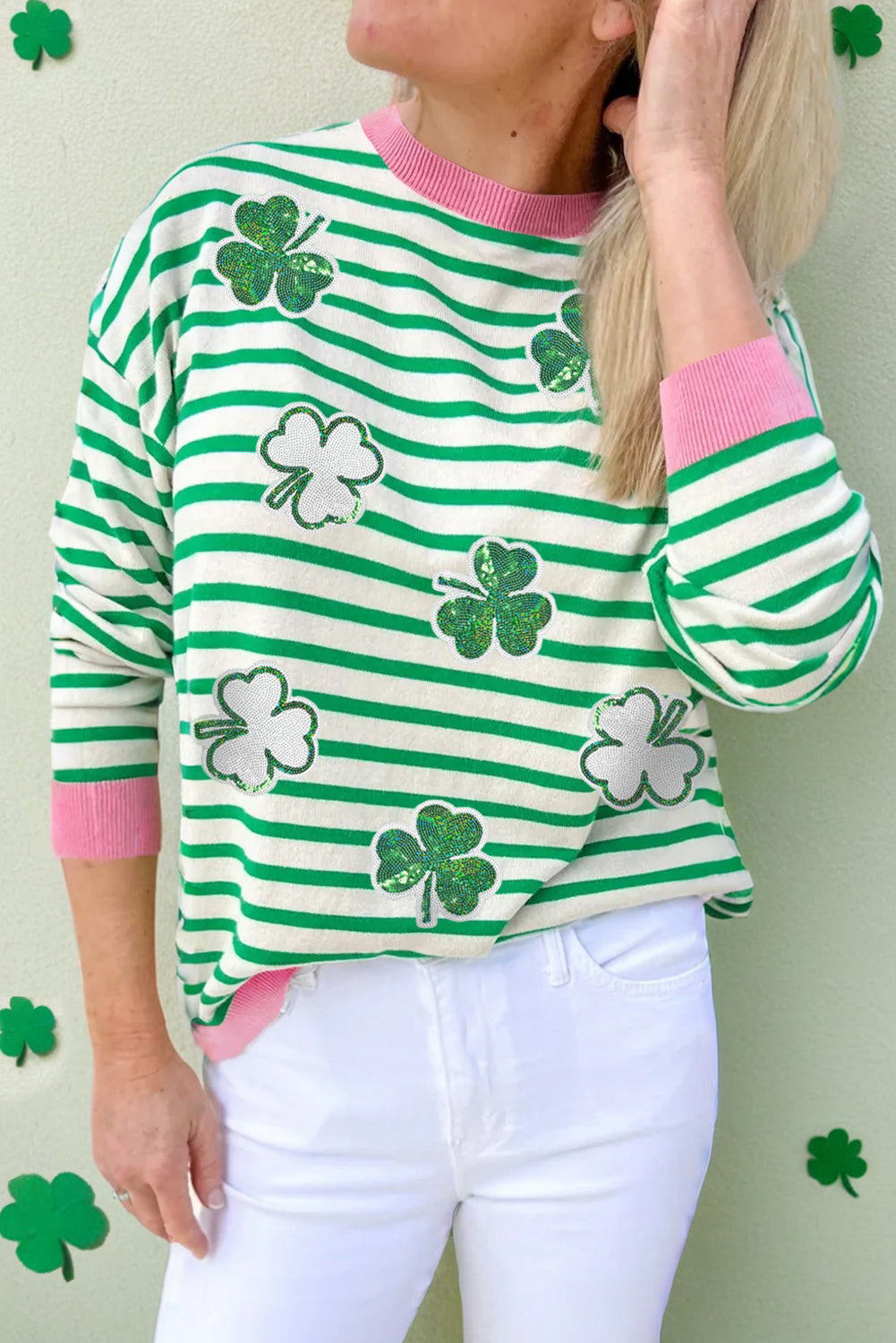 Bright Green Striped Sequin Clover Graphic Colorblock Long Sleeve St Patrick Top Aaria Tees