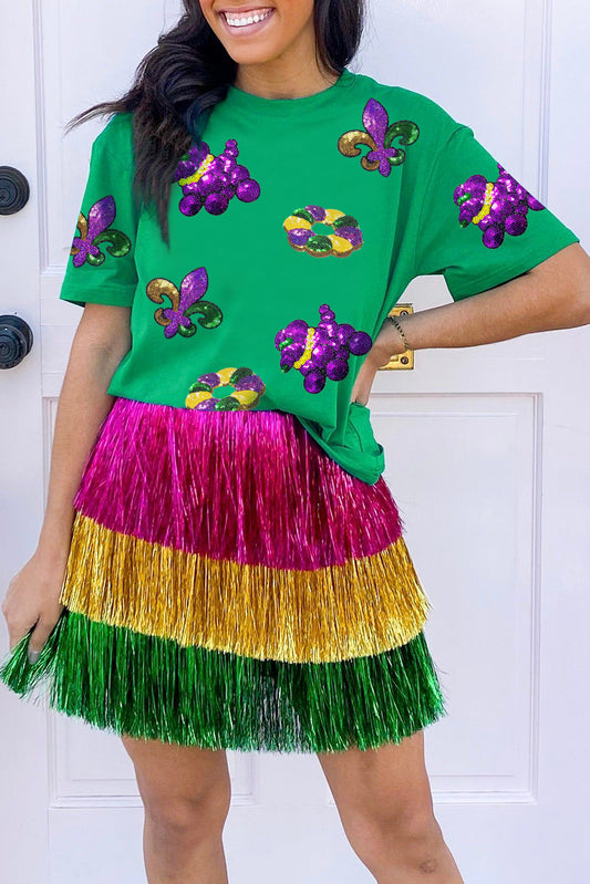 Bright Green Mardi Gras Sequin Patched Graphic Tee