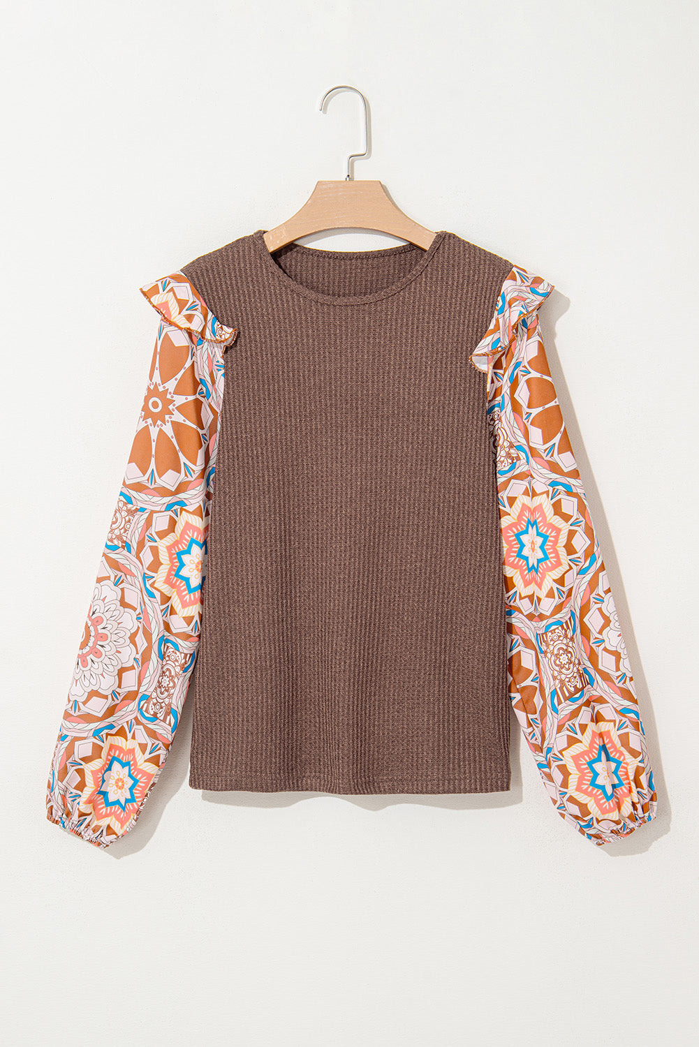 Coffee Ruffled Floral Sleeve Patchwork Waffle Knit O Neck Blouse Aaria Tees