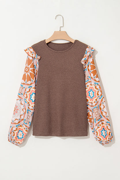 Coffee Ruffled Floral Sleeve Patchwork Waffle Knit O Neck Blouse Aaria Tees