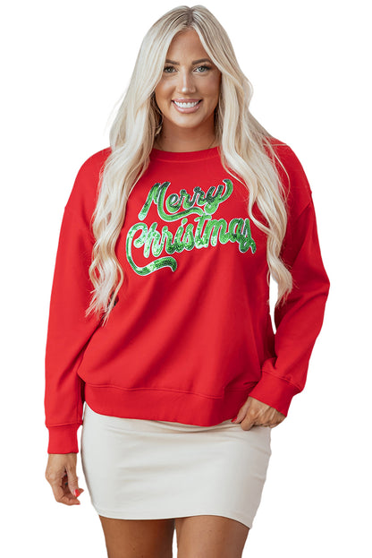 Red Merry Christmas Crewneck Drop Shoulder Loose Sweatshirt