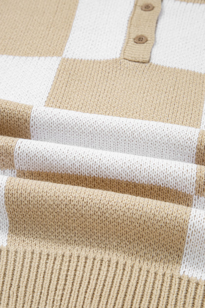 Light French Beige Checkered Pattern Polo Collar Loose Sweater