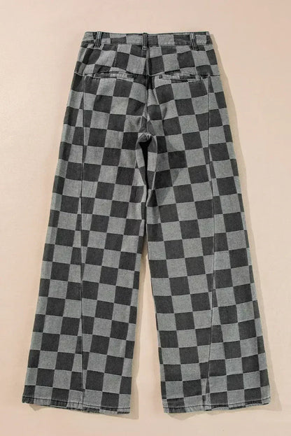 Dusk Blue Checkered Light Washed Wide Leg Jeans
