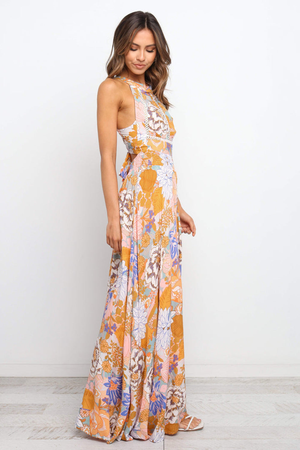 Orange Boho Floral Backless Lace up Sleeveless Maxi Dress Aaria Tees