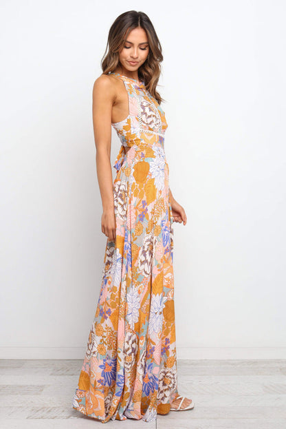 Orange Boho Floral Backless Lace up Sleeveless Maxi Dress Aaria Tees