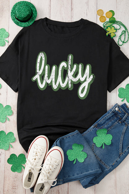 Black St Patricks Day lucky Cracked Letter Graphic T Shirt