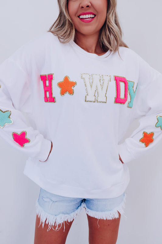 White Howdy Glitter Chenille Patch Graphic Casual Sweatshirt - Aaria Tees