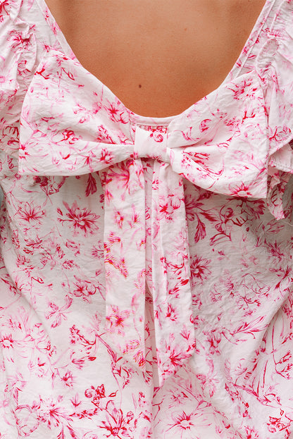 Sky Blue Floral Ruffled Short Sleeve Bow Back Square Neck Blouse