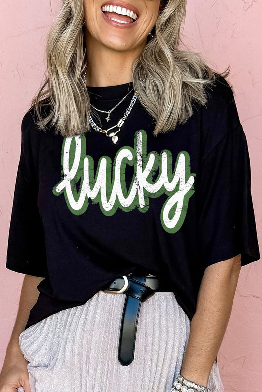 Black St Patricks Day lucky Cracked Letter Graphic T Shirt