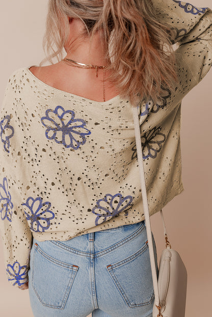 White Contrast Flower Print Eyelet Drop Shoulder Sweater Aaria Tees