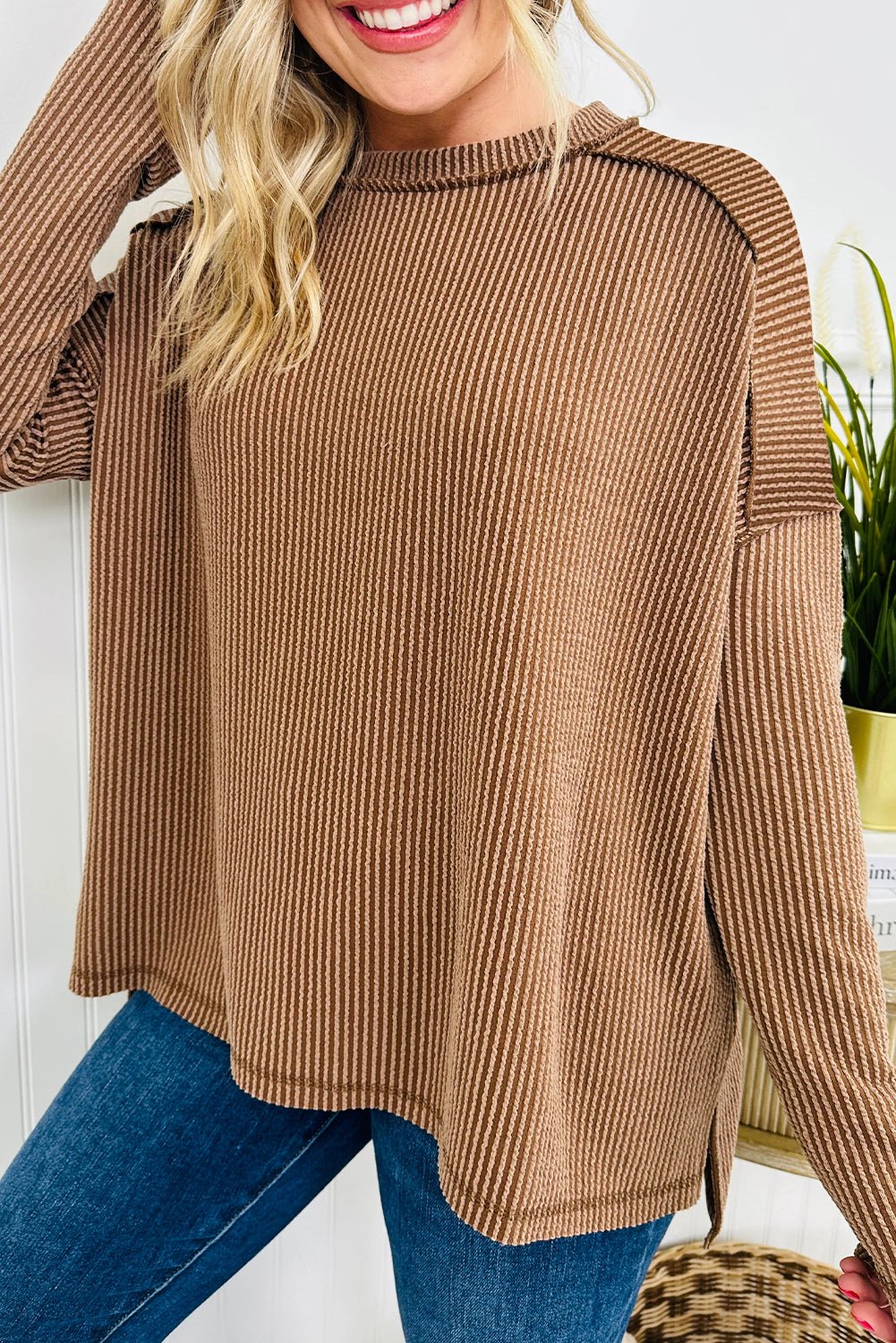 Dark Khaki Twist Ribbed Exposed Seam Detail Long Sleeve Loose Top