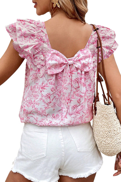Sky Blue Floral Ruffled Short Sleeve Bow Back Square Neck Blouse