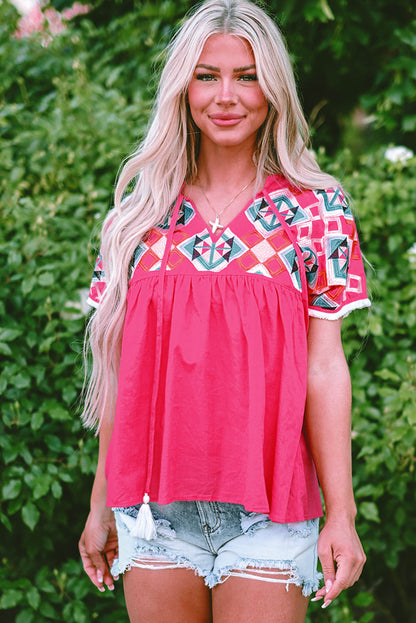 Zayla Embroidered Tassel Tie V Neck Blouse - Aaria Tees