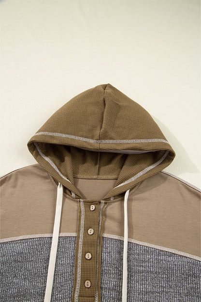 Jungle Green Mixed Texture Patchwork Exposed Seam Half Button Pullover Hooded Sweatshirt