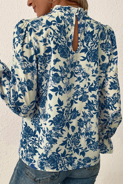 Rose Floral Print Flounce Sleeve Keyhole Back Blouse Aaria Tees