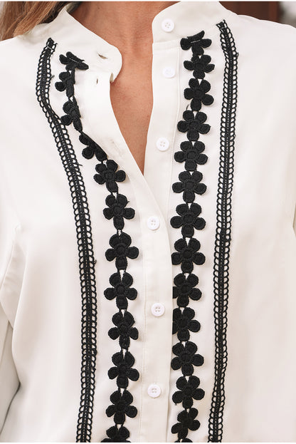 Beige Floral Embroidered Stand Neck Buttoned Shirt - Aaria Tees