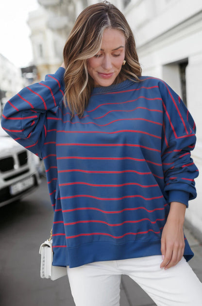 Stripe Overlap Drop Shoulder Pullover Sweatshirt