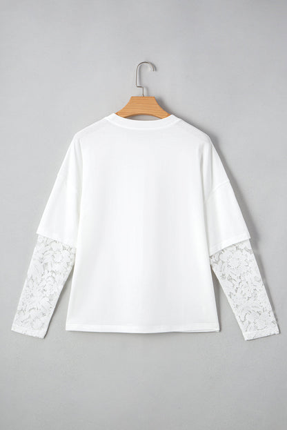 Lace Insert Long Sleeve Drop Shoulder Tee