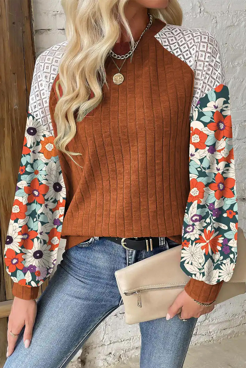 Black Floral Patchwork Long Sleeve Ribbed Blouse Aaria Tees