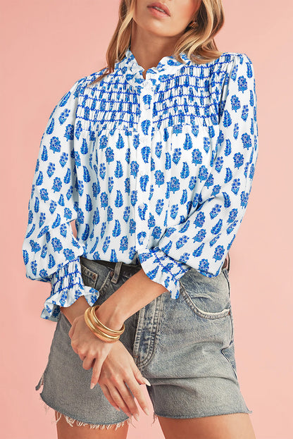 Sky Blue Boho Floral Printed Lantern Sleeve Frilled Neck Shirred Shirt Aaria Tees