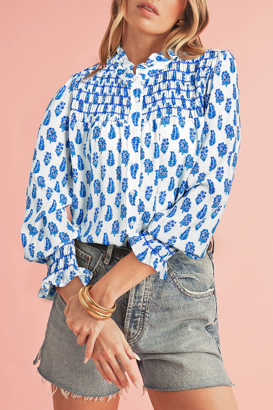 Sky Blue Boho Floral Printed Lantern Sleeve Frilled Neck Shirred Shirt Aaria Tees
