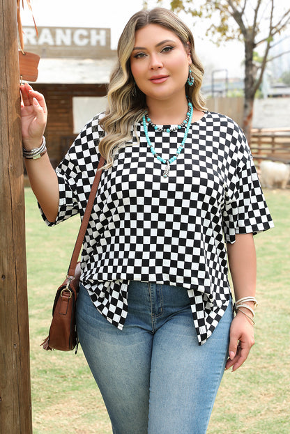 Black Checkered Print Side Slits O Neck Plus Size T Shirt - Aaria Tees