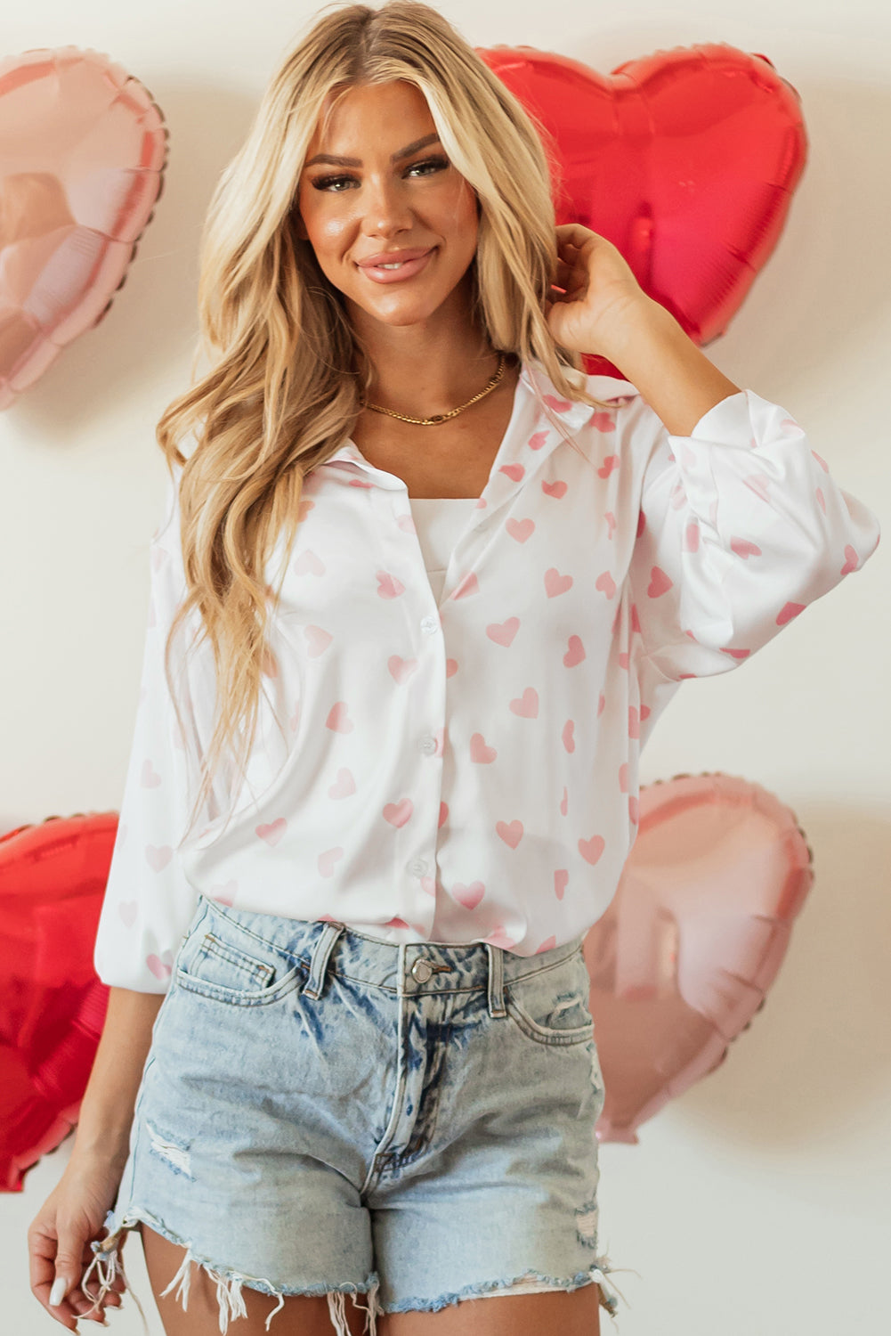 Love Heart Button-Up Drop Shoulder Shirt