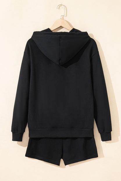 Black Button Drawstring Hooded Pullover and Casual Short Set
