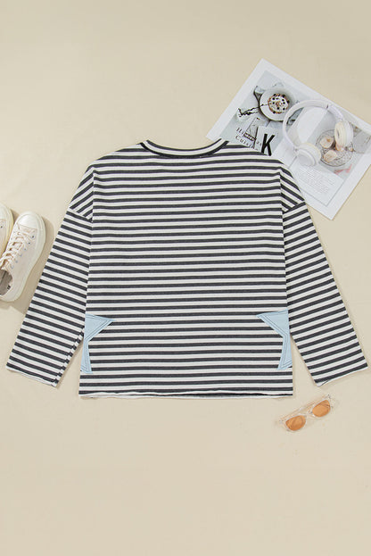 Plus Size Stripe Star Stitch Long Sleeve Top