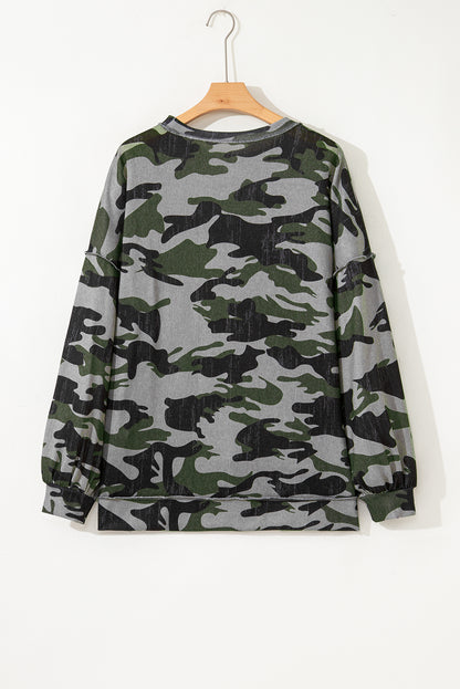 Green Retro Camouflage Print Exposed Seam Patchwork Drop Shoulder Sweatshirt