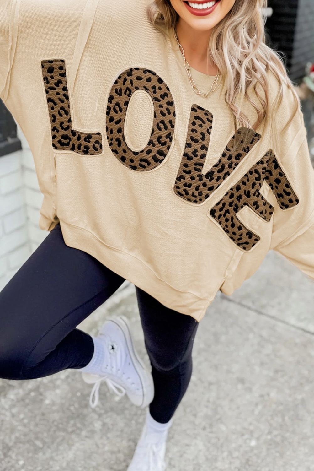 Parchment Oversize Leopard LOVE Patched Graphic Round Neck Casual Sweatshirt