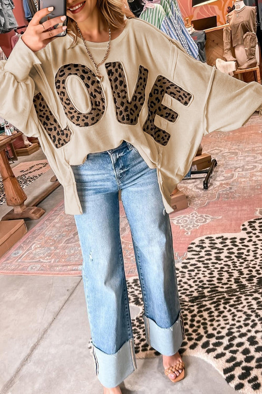 Parchment Oversize Leopard LOVE Patched Graphic Round Neck Casual Sweatshirt
