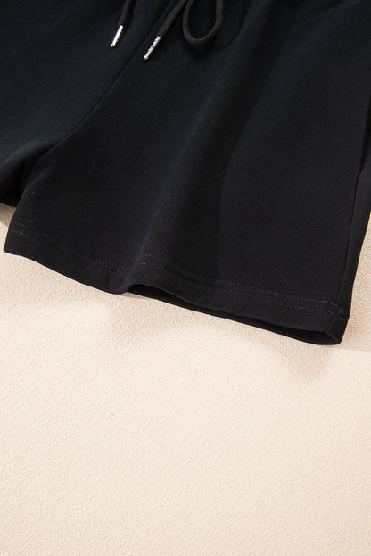 Black Button Drawstring Hooded Pullover and Casual Short Set