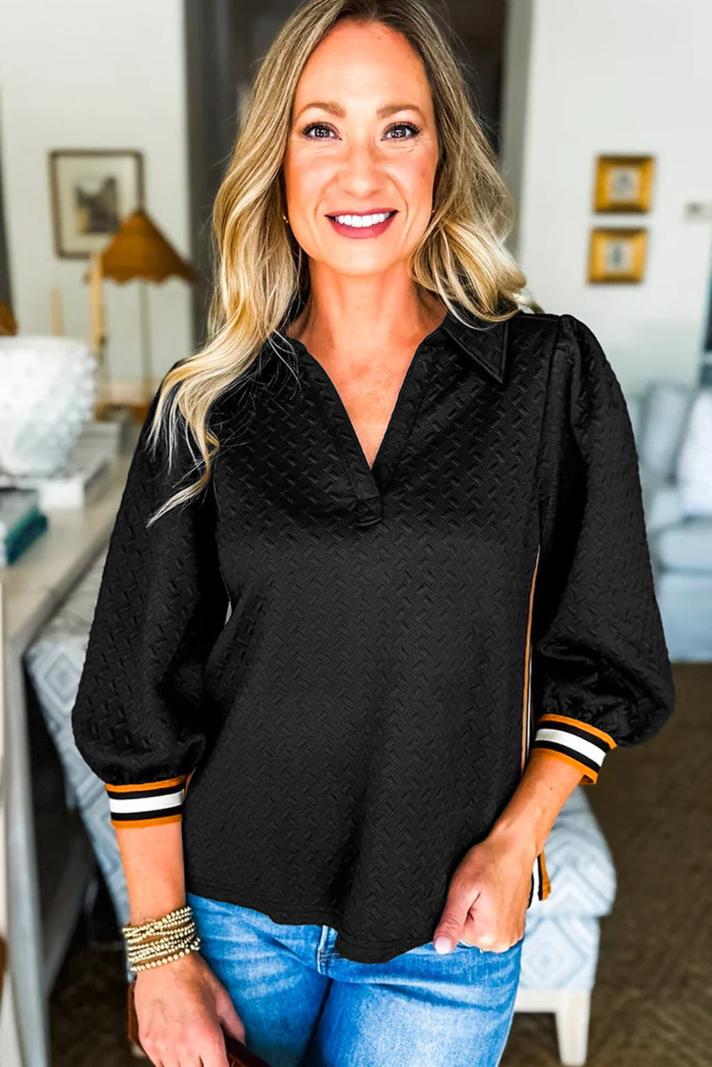 Black Stylish Textured Striped Patchwork Polo Collar Pullover Sweatshirt