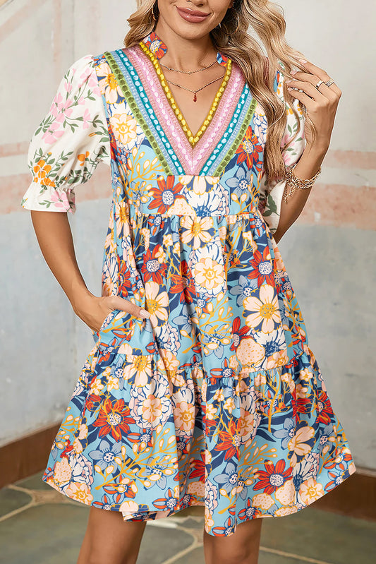 Multicolour Boho Floral Print Crochet Patchwork V Neck Loose Mini Dress Aaria Tees