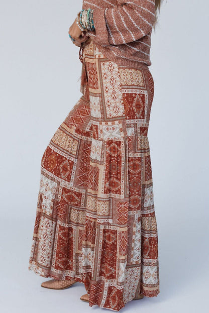Brown Boho Aztec Print Tiered Palazzo Pants Aaria Tees