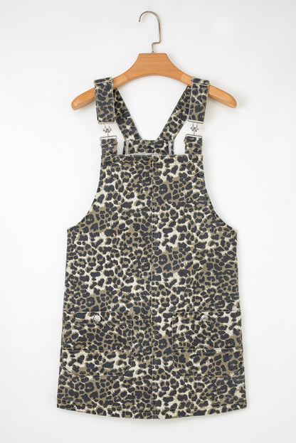 Gray Leopard Print Pocketed Loose Fit Denim Overall Dress