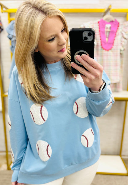 Denim Sequin Baseball Patches Pullover