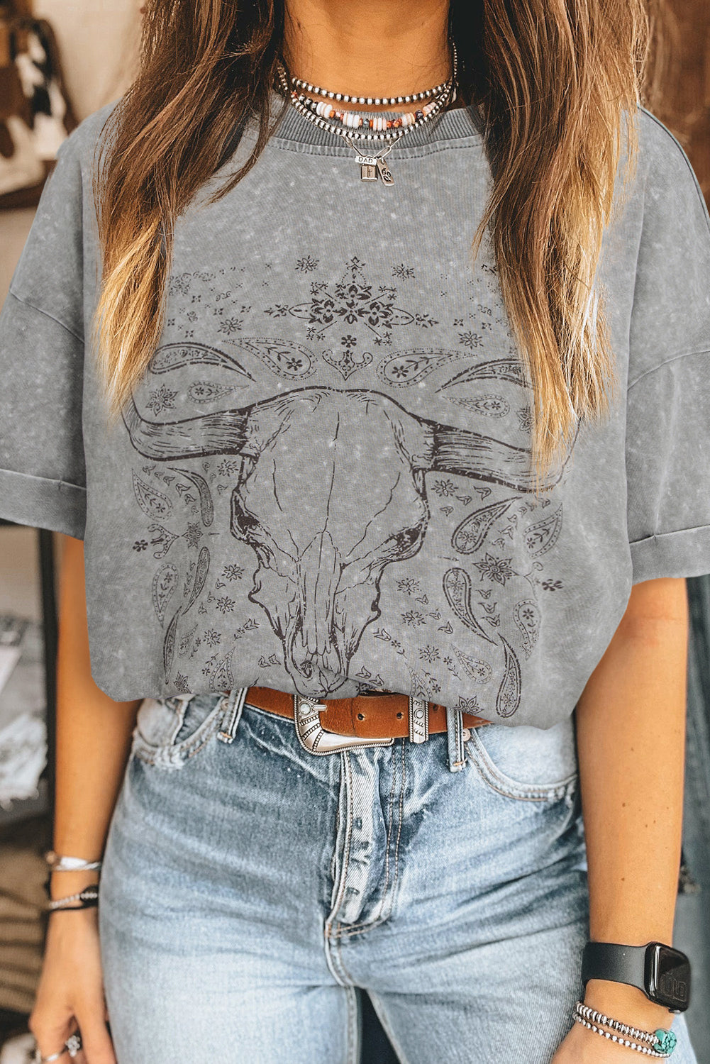 Light Grey Western Steer Head Tie Dye Print Crew Neck T Shirt - Aaria Tees
