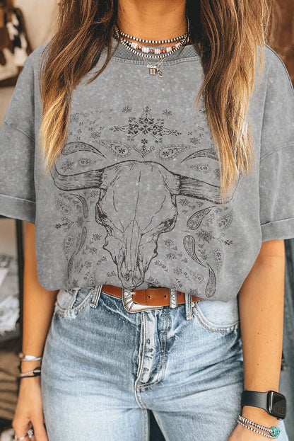 Light Grey Western Steer Head Tie Dye Print Crew Neck T Shirt - Aaria Tees