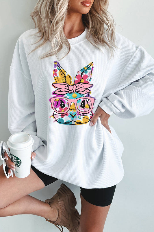 White Floral Rabbit with Glasses Graphic Corded Easter Sweatshirt Aaria Tees