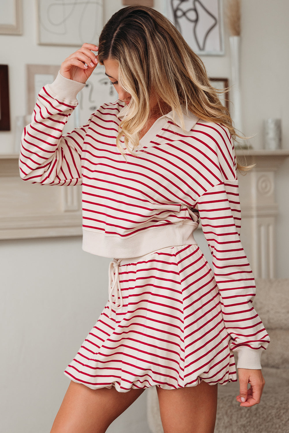 Stripe Cropped Pullover and Bubble Mini Skirt Set