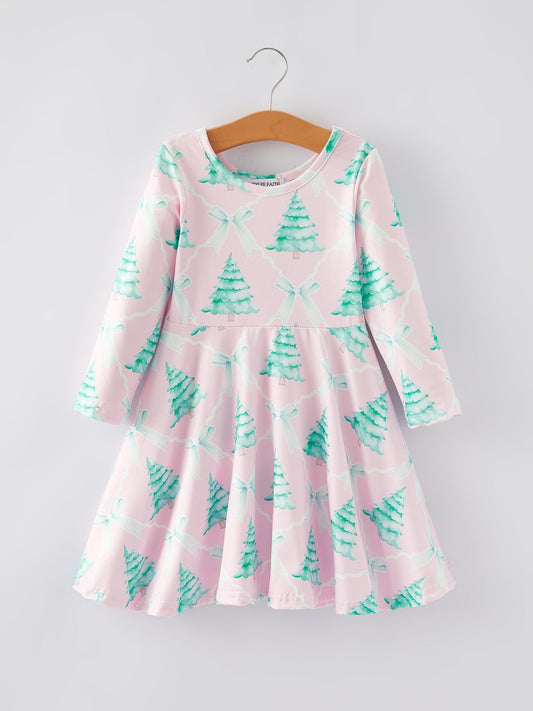 Christmas Tree Bow Print Girls Dress