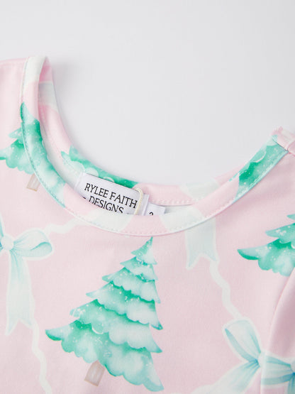 Christmas Tree Bow Print Girls Dress