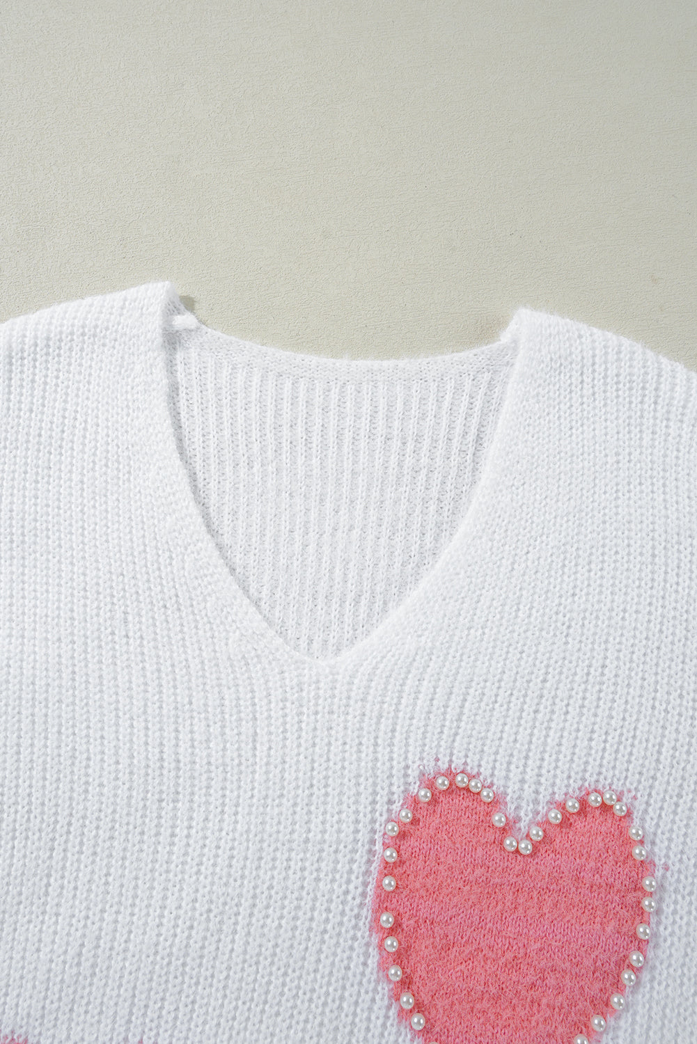 White Pearl Beaded Heart Pattern Fuzzy V Neck Sweater Aaria Tees