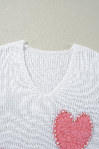 White Pearl Beaded Heart Pattern Fuzzy V Neck Sweater Aaria Tees