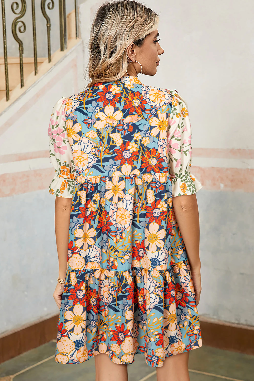 Multicolour Boho Floral Print Crochet Patchwork V Neck Loose Mini Dress Aaria Tees