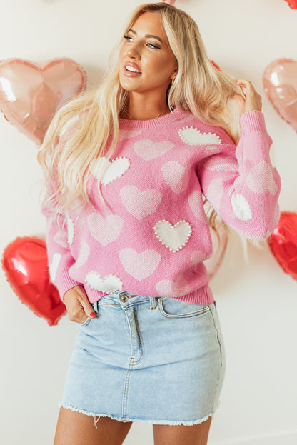 Pink Pearled Heart Print Valentines Crew Neck Sweater - Aaria Tees